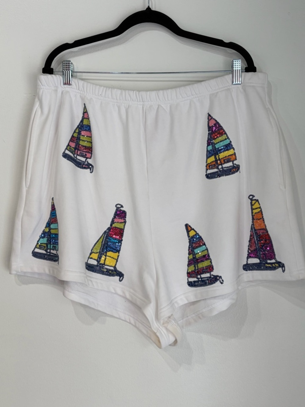 QUEEN OF SPARKLES White Sequin Sailboat Athletic Shorts
